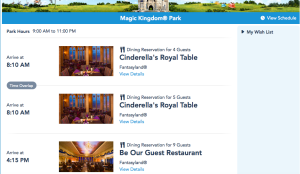 Sample Dining Reservations as Viewed in My Disney Experience