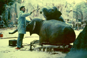 R.J. Ogren doing refurb on an elephant from Jungle Cruise
