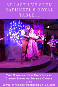 Flynn Ryder and Rapunzel sing, Rapunzel's Royal Table, Tangled, Disney Magic, Disney Cruise Line dining
